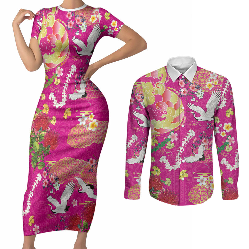 Hawaiian and Japanese Culture Together Couples Matching Short Sleeve Bodycon Dress and Long Sleeve Button Shirt Kakau Tribal Pattern and Irezumi Art Pink Color LT03 Pink - Polynesian Pride