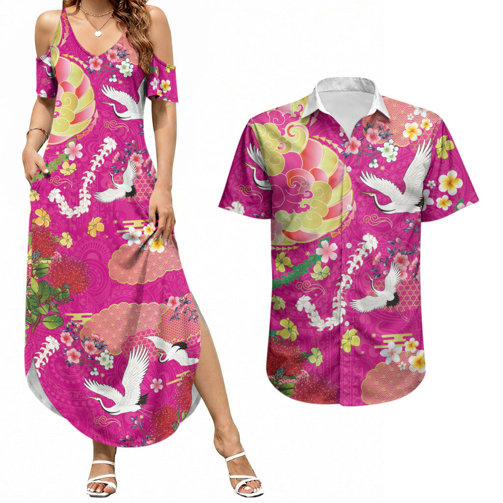 Hawaiian and Japanese Culture Together Couples Matching Summer Maxi Dress and Hawaiian Shirt Kakau Tribal Pattern and Irezumi Art Pink Color LT03 Pink - Polynesian Pride