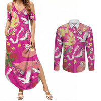 Hawaiian and Japanese Culture Together Couples Matching Summer Maxi Dress and Long Sleeve Button Shirt Kakau Tribal Pattern and Irezumi Art Pink Color LT03 Pink - Polynesian Pride
