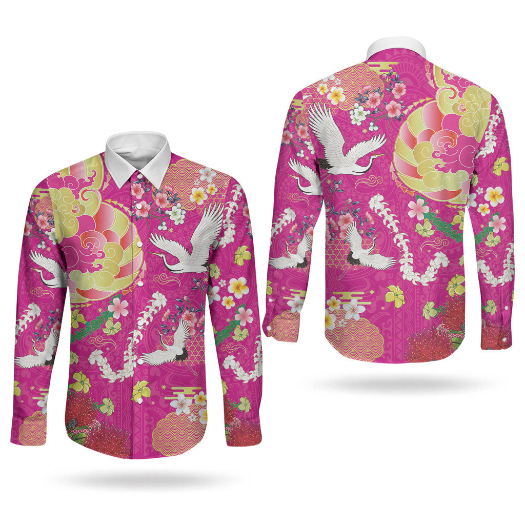 Hawaiian and Japanese Culture Together Couples Matching Summer Maxi Dress and Long Sleeve Button Shirt Kakau Tribal Pattern and Irezumi Art Pink Color LT03 - Polynesian Pride