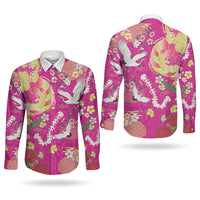 Hawaiian and Japanese Culture Together Couples Matching Summer Maxi Dress and Long Sleeve Button Shirt Kakau Tribal Pattern and Irezumi Art Pink Color LT03 - Polynesian Pride