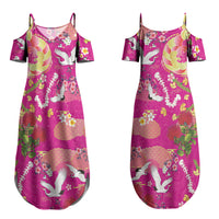 Hawaiian and Japanese Culture Together Couples Matching Summer Maxi Dress and Long Sleeve Button Shirt Kakau Tribal Pattern and Irezumi Art Pink Color LT03 - Polynesian Pride