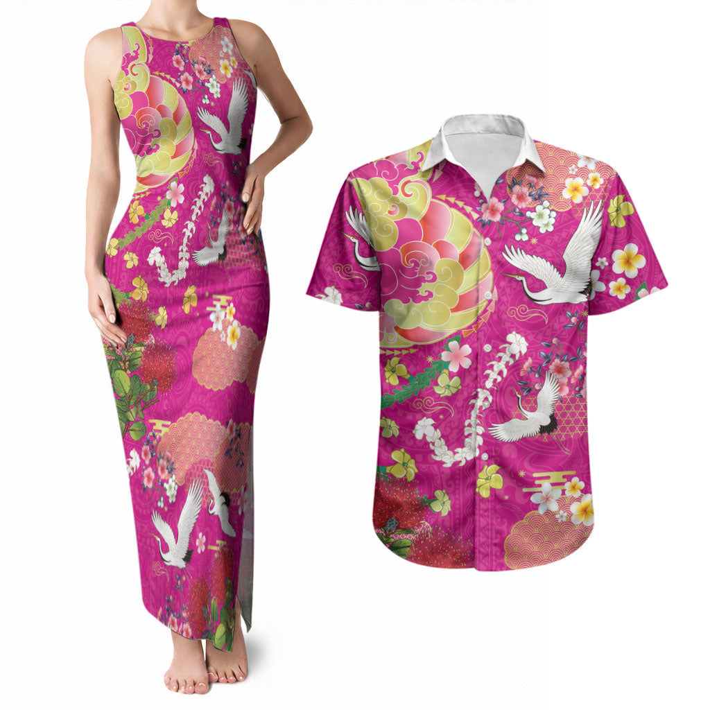 Hawaiian and Japanese Culture Together Couples Matching Tank Maxi Dress and Hawaiian Shirt Kakau Tribal Pattern and Irezumi Art Pink Color LT03 Pink - Polynesian Pride