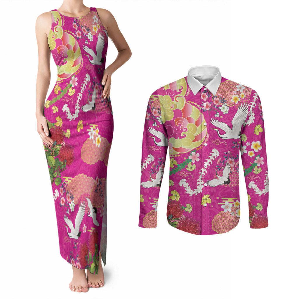 Hawaiian and Japanese Culture Together Couples Matching Tank Maxi Dress and Long Sleeve Button Shirt Kakau Tribal Pattern and Irezumi Art Pink Color LT03 Pink - Polynesian Pride