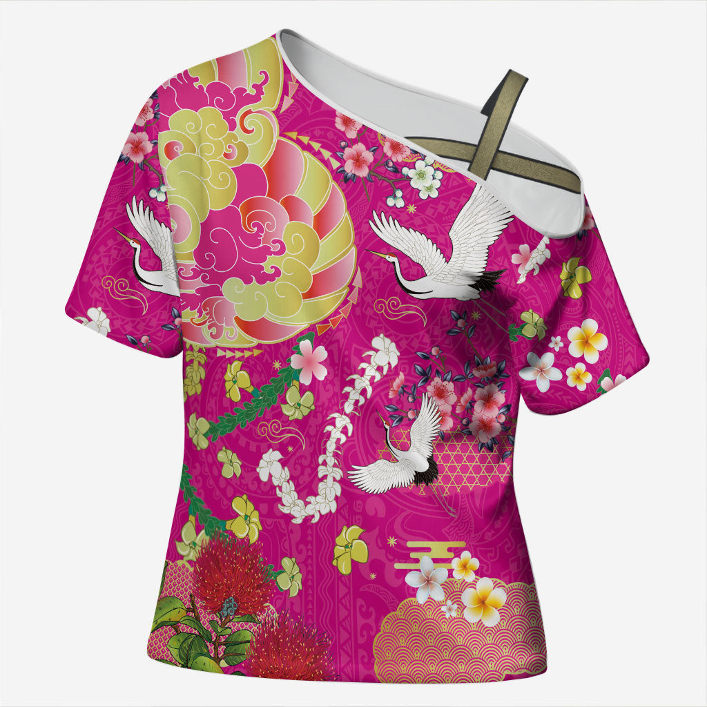 Hawaiian and Japanese Culture Together Cross Shoulder Shirt Kakau Tribal Pattern and Irezumi Art Pink Color LT03 Female Pink - Polynesian Pride
