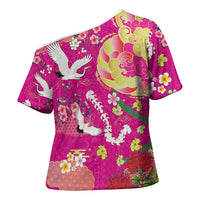 Hawaiian and Japanese Culture Together Cross Shoulder Shirt Kakau Tribal Pattern and Irezumi Art Pink Color