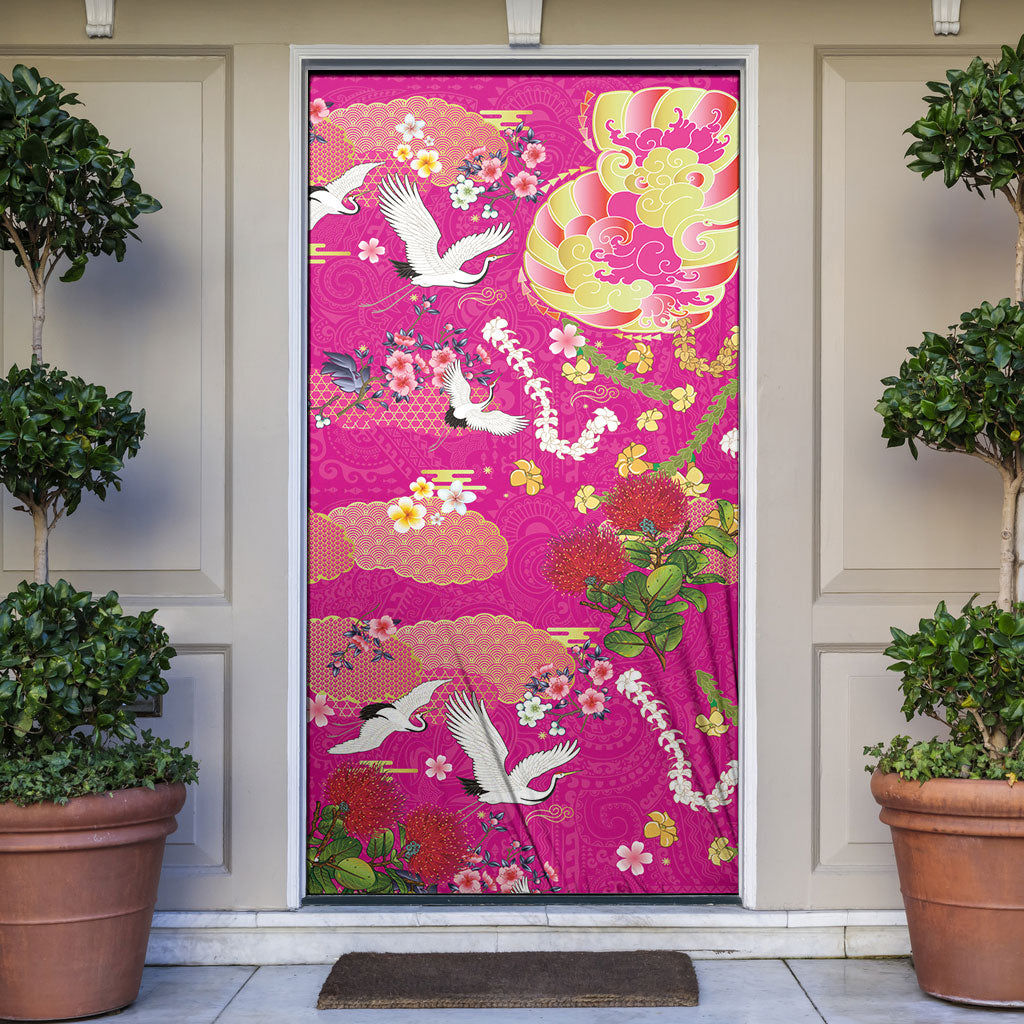 Hawaiian and Japanese Culture Together Door Cover Kakau Tribal Pattern and Irezumi Art Pink Color LT03 Pink - Polynesian Pride