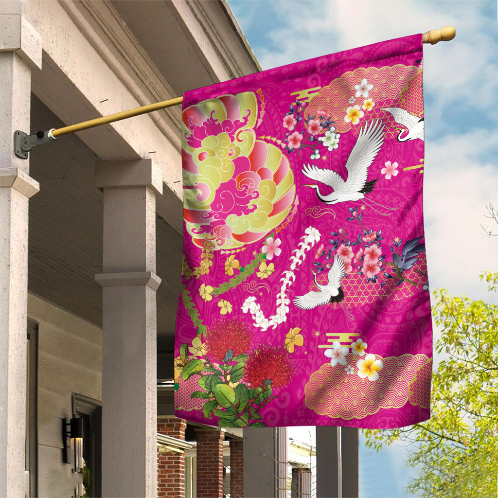 Hawaiian and Japanese Culture Together Garden Flag Kakau Tribal Pattern and Irezumi Art Pink Color LT03 House Flag Pink - Polynesian Pride