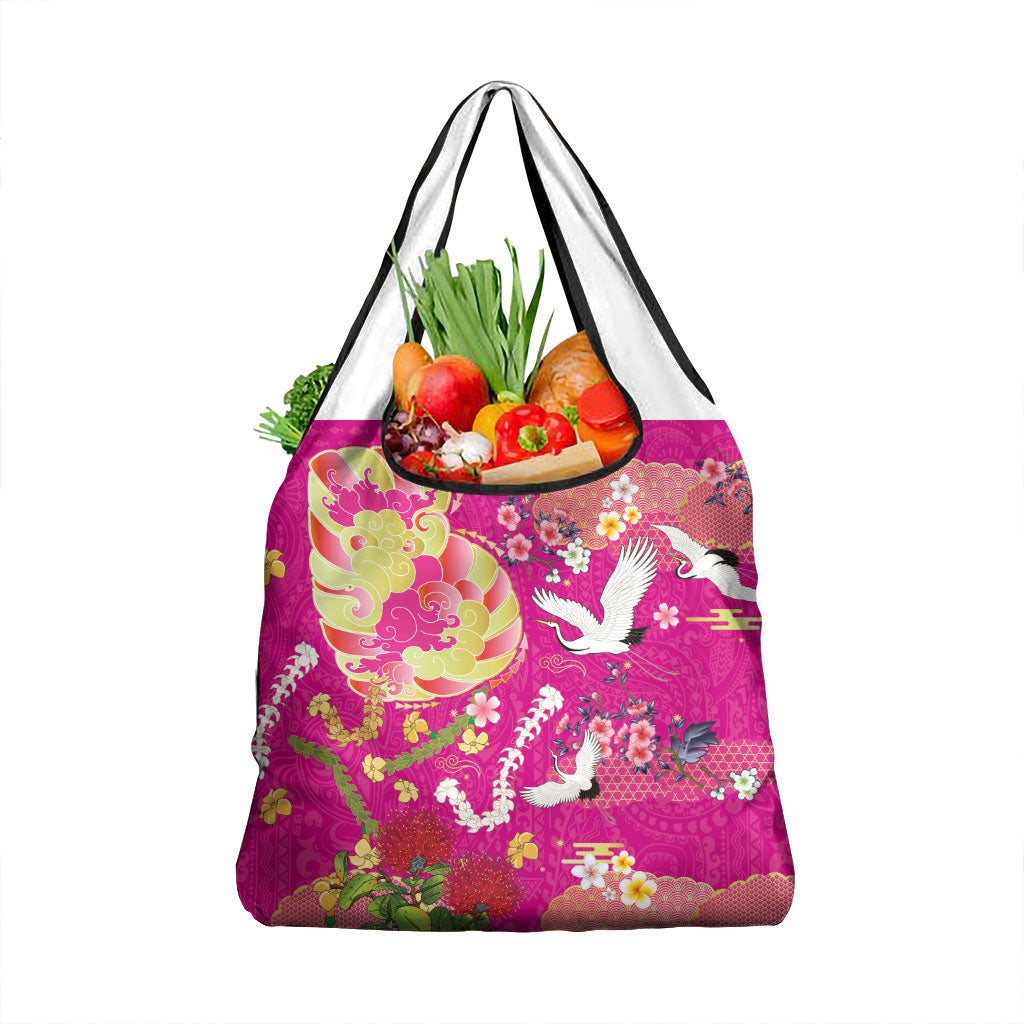 Hawaiian and Japanese Culture Together Grocery Bag Kakau Tribal Pattern and Irezumi Art Pink Color LT03 1-pack One Size Pink - Polynesian Pride