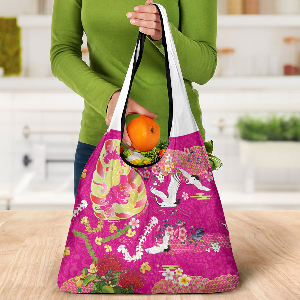 Hawaiian and Japanese Culture Together Grocery Bag Kakau Tribal Pattern and Irezumi Art Pink Color LT03 - Polynesian Pride