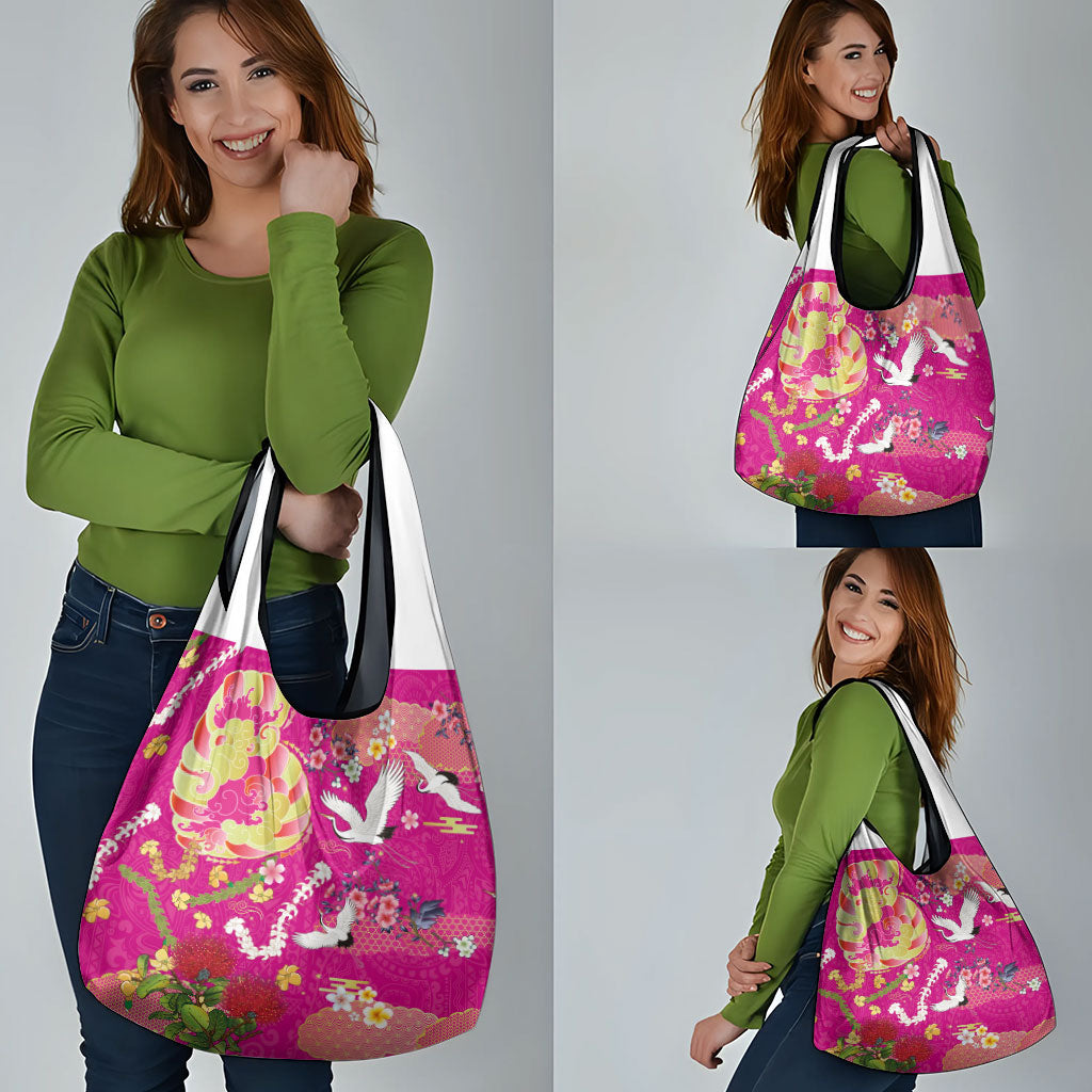 Hawaiian and Japanese Culture Together Grocery Bag Kakau Tribal Pattern and Irezumi Art Pink Color LT03 - Polynesian Pride