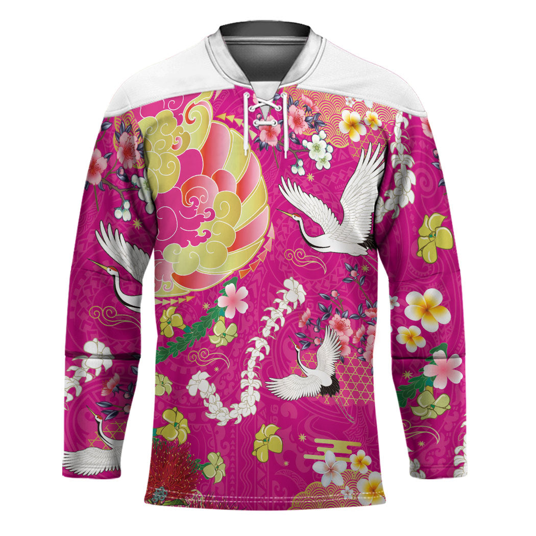 Hawaiian and Japanese Culture Together Hockey Jersey Kakau Tribal Pattern and Irezumi Art Pink Color LT03 Unisex Pink - Polynesian Pride