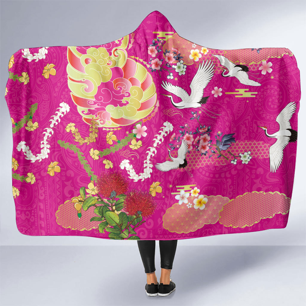 Hawaiian and Japanese Culture Together Hooded Blanket Kakau Tribal Pattern and Irezumi Art Pink Color LT03 One Size Pink - Polynesian Pride