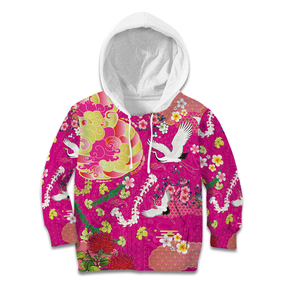 Hawaiian and Japanese Culture Together Kid Hoodie Kakau Tribal Pattern and Irezumi Art Pink Color LT03 Hoodie Pink - Polynesian Pride