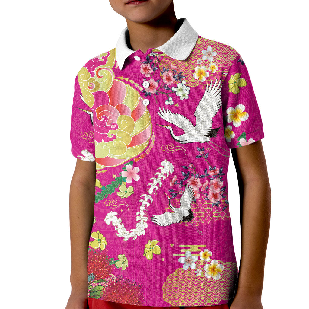 Hawaiian and Japanese Culture Together Kid Polo Shirt Kakau Tribal Pattern and Irezumi Art Pink Color LT03 Kid Pink - Polynesian Pride