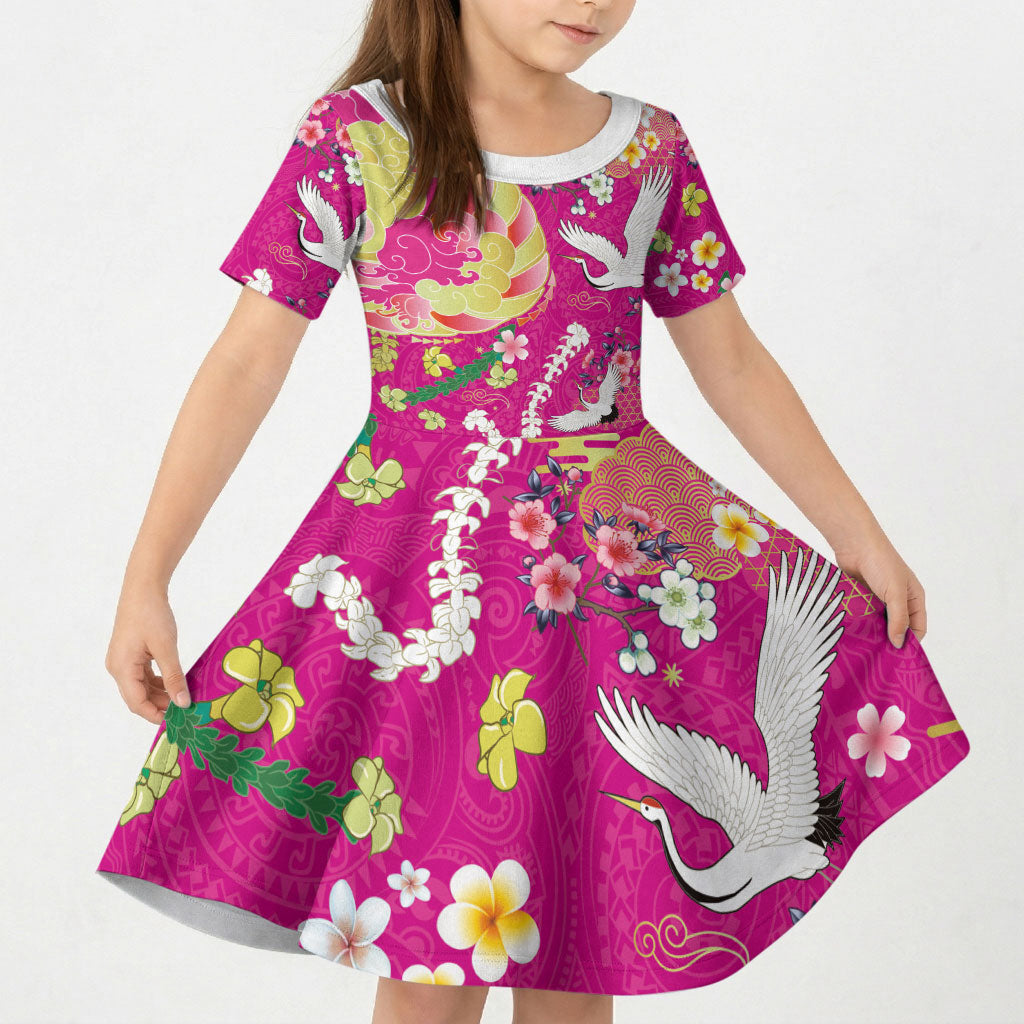 Hawaiian and Japanese Culture Together Kid Short Sleeve Dress Kakau Tribal Pattern and Irezumi Art Pink Color LT03 KID Pink - Polynesian Pride