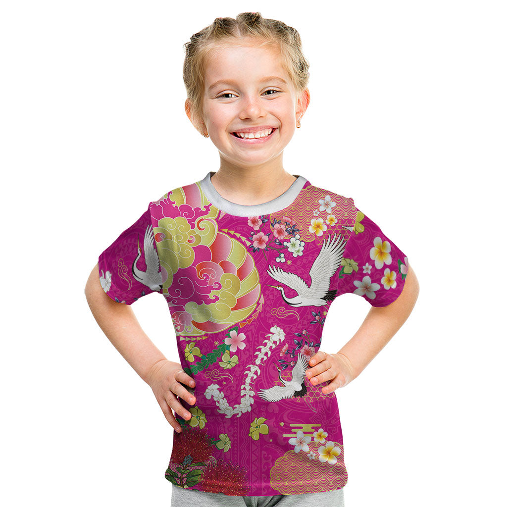 Hawaiian and Japanese Culture Together Kid T Shirt Kakau Tribal Pattern and Irezumi Art Pink Color LT03 Pink - Polynesian Pride