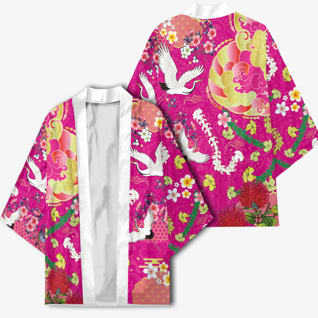 Hawaiian and Japanese Culture Together Kimono Kakau Tribal Pattern and Irezumi Art Pink Color