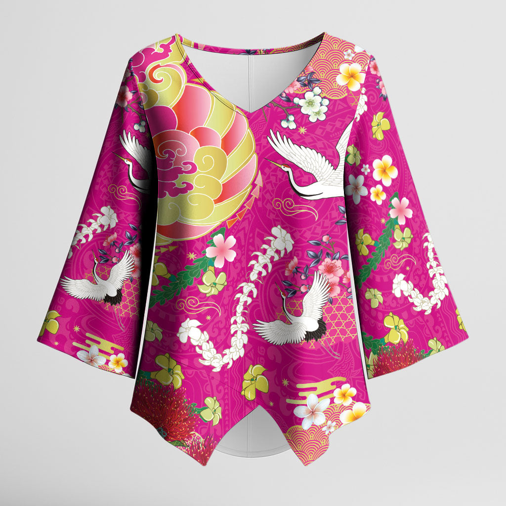 Hawaiian and Japanese Culture Together Kimono Sleeve Blouse Kakau Tribal Pattern and Irezumi Art Pink Color LT03 Female Pink - Polynesian Pride