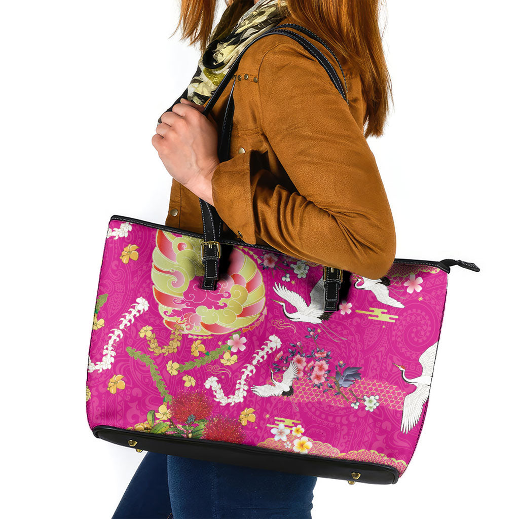 Hawaiian and Japanese Culture Together Leather Tote Bag Kakau Tribal Pattern and Irezumi Art Pink Color LT03 Pink - Polynesian Pride