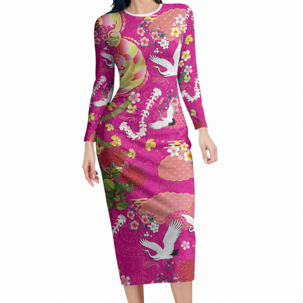 Hawaiian and Japanese Culture Together Long Sleeve Bodycon Dress Kakau Tribal Pattern and Irezumi Art Pink Color LT03 Long Dress Pink - Polynesian Pride