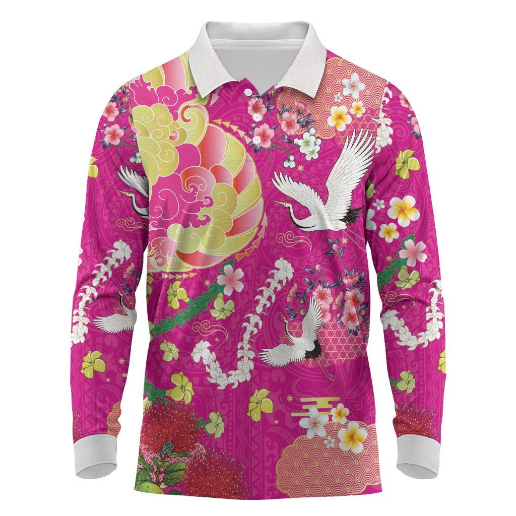 Hawaiian and Japanese Culture Together Long Sleeve Polo Shirt Kakau Tribal Pattern and Irezumi Art Pink Color LT03 Pink - Polynesian Pride