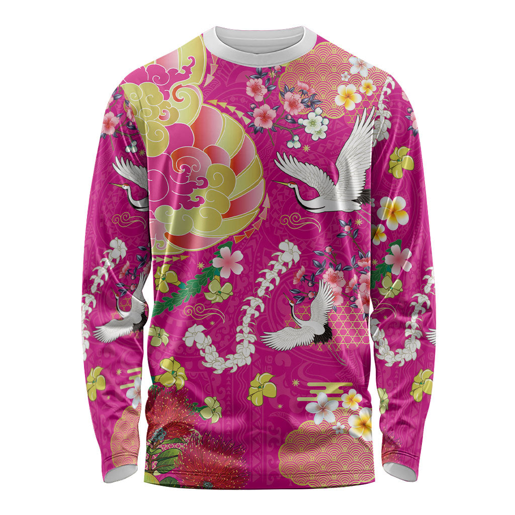 Hawaiian and Japanese Culture Together Long Sleeve Shirt Kakau Tribal Pattern and Irezumi Art Pink Color