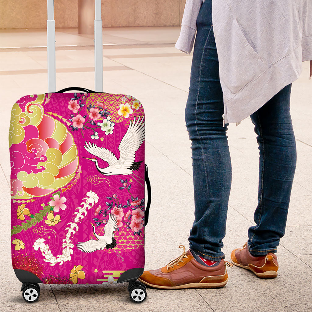 Hawaiian and Japanese Culture Together Luggage Cover Kakau Tribal Pattern and Irezumi Art Pink Color LT03 Pink - Polynesian Pride