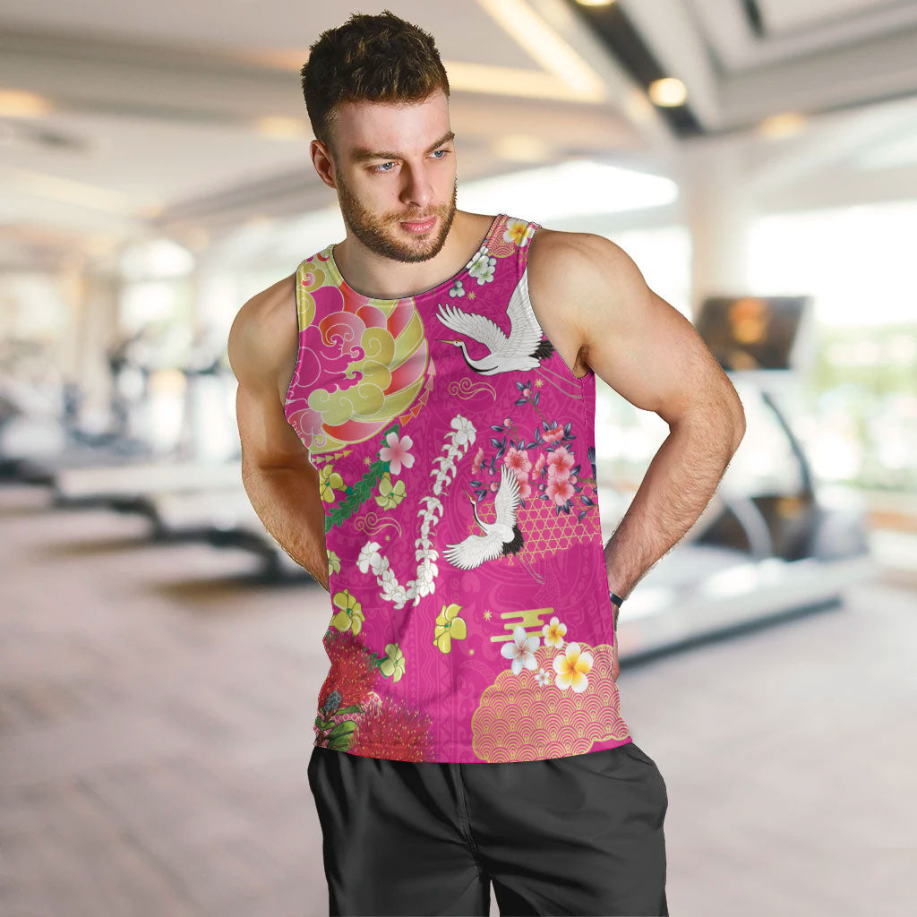 Hawaiian and Japanese Culture Together Men Tank Top Kakau Tribal Pattern and Irezumi Art Pink Color LT03 Pink - Polynesian Pride
