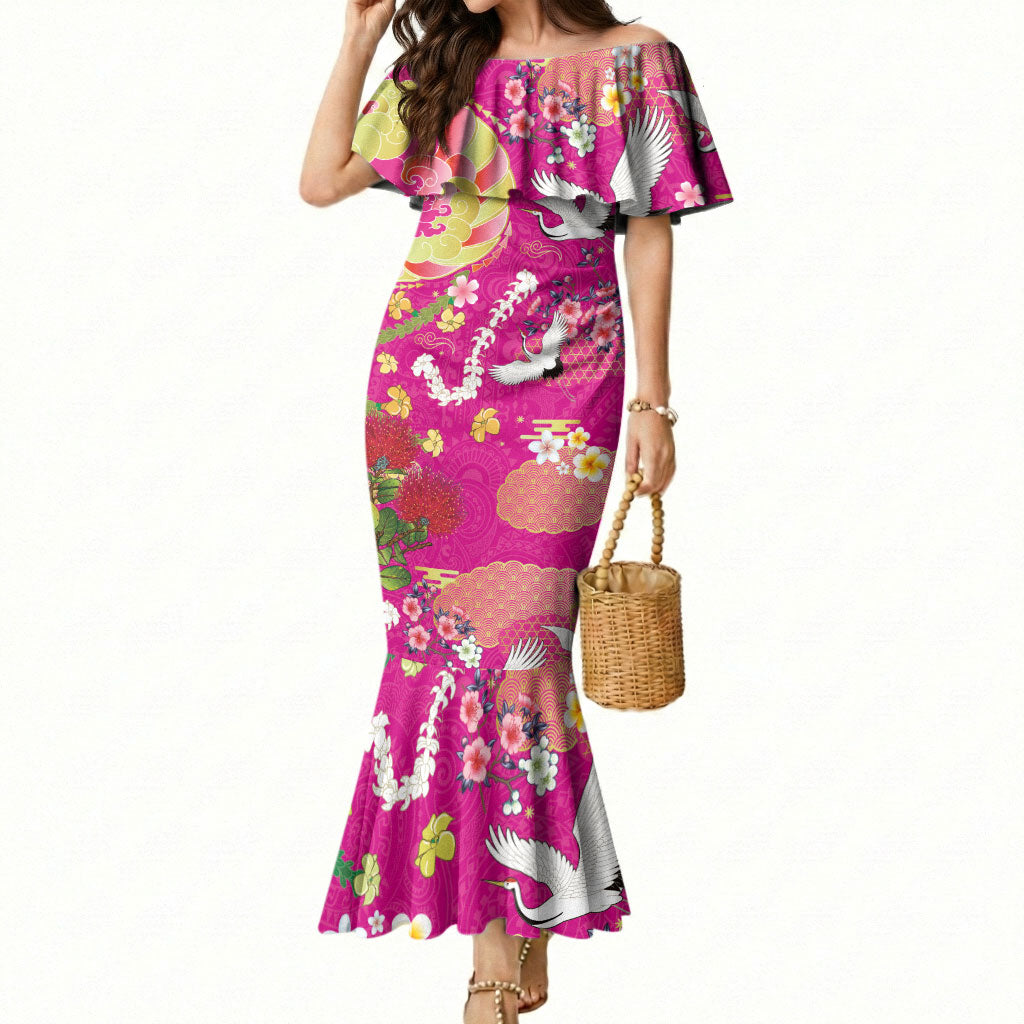 Hawaiian and Japanese Culture Together Mermaid Dress Kakau Tribal Pattern and Irezumi Art Pink Color LT03 Women Pink - Polynesian Pride