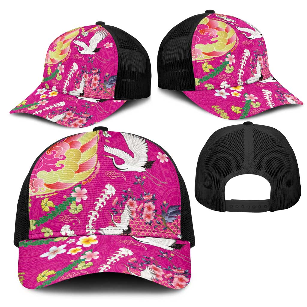 Hawaiian and Japanese Culture Together Mesh Trucker Cap Kakau Tribal Pattern and Irezumi Art Pink Color LT03 - Polynesian Pride