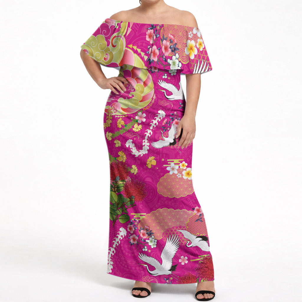 Hawaiian and Japanese Culture Together Off Shoulder Maxi Dress Kakau Tribal Pattern and Irezumi Art Pink Color LT03 Women Pink - Polynesian Pride