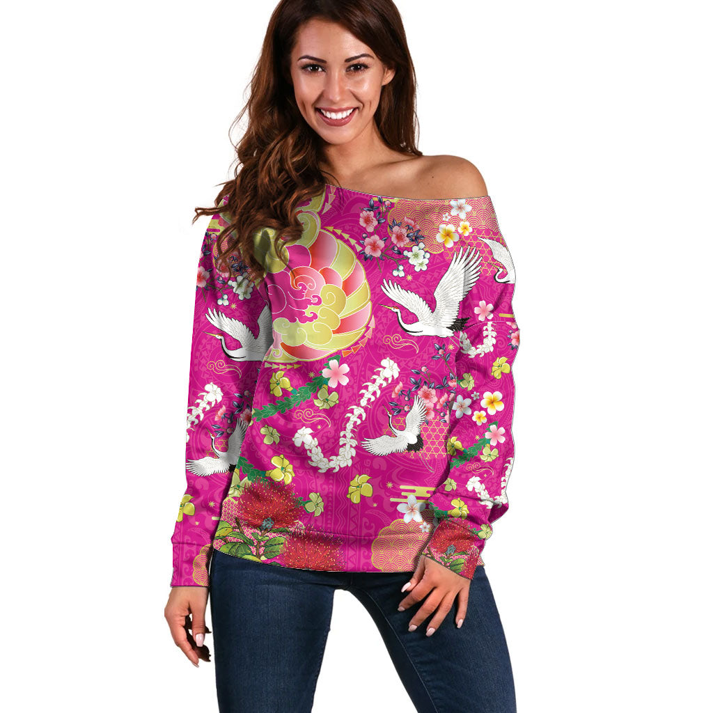 Hawaiian and Japanese Culture Together Off Shoulder Sweater Kakau Tribal Pattern and Irezumi Art Pink Color LT03 Women Pink - Polynesian Pride