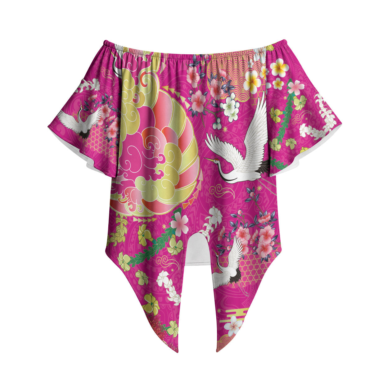 Hawaiian and Japanese Culture Together Off Shoulder Wrap Waist Top Kakau Tribal Pattern and Irezumi Art Pink Color LT03 Pink - Polynesian Pride