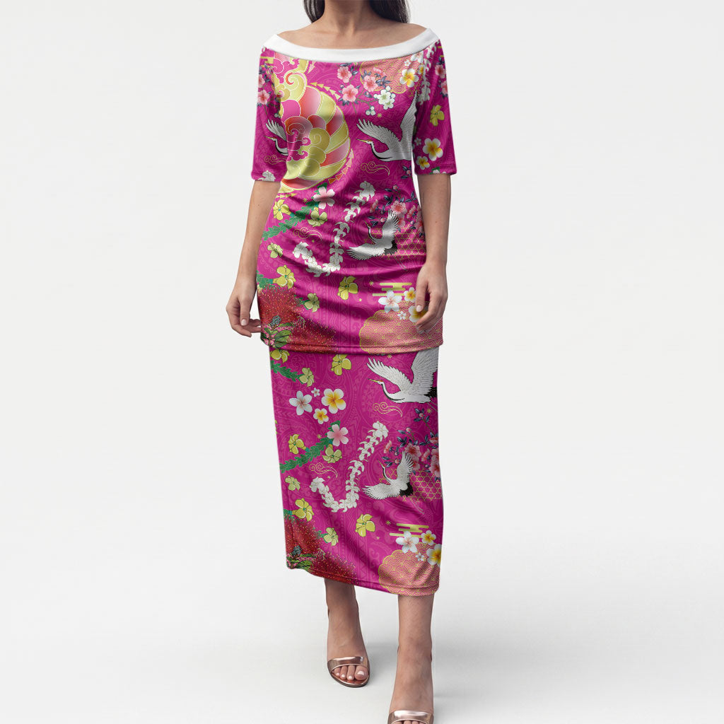 Hawaiian and Japanese Culture Together Puletasi Kakau Tribal Pattern and Irezumi Art Pink Color LT03 Long Dress Pink - Polynesian Pride