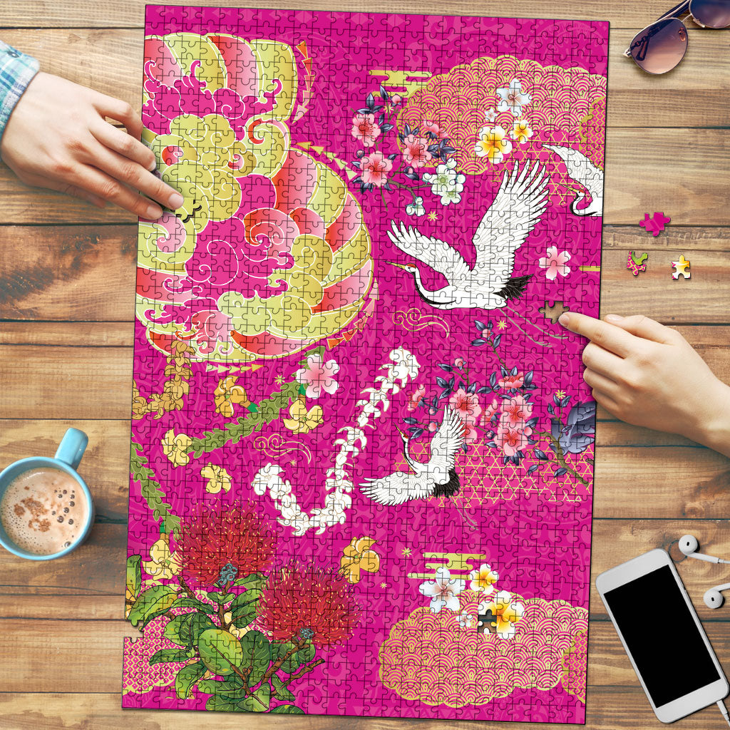 Hawaiian and Japanese Culture Together Puzzle Kakau Tribal Pattern and Irezumi Art Pink Color LT03 Pink - Polynesian Pride