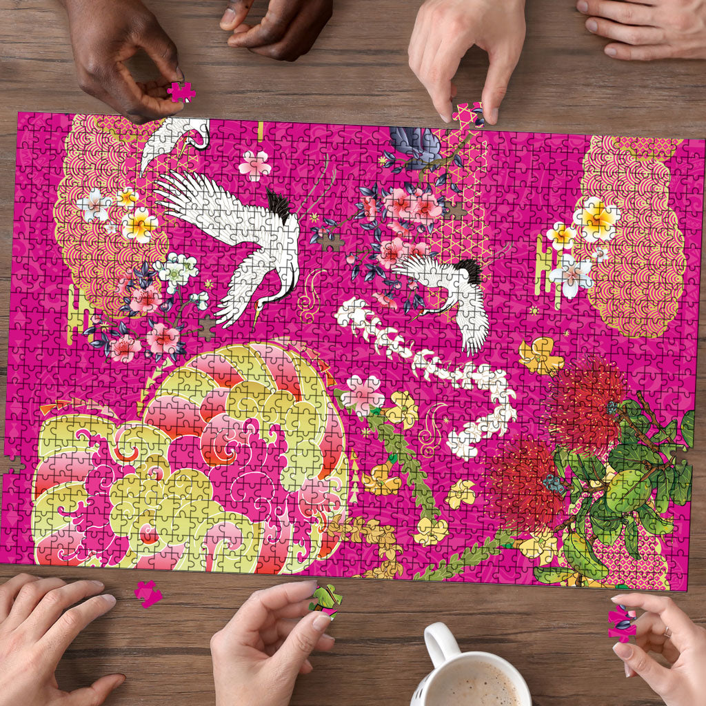 Hawaiian and Japanese Culture Together Puzzle Kakau Tribal Pattern and Irezumi Art Pink Color LT03 - Polynesian Pride