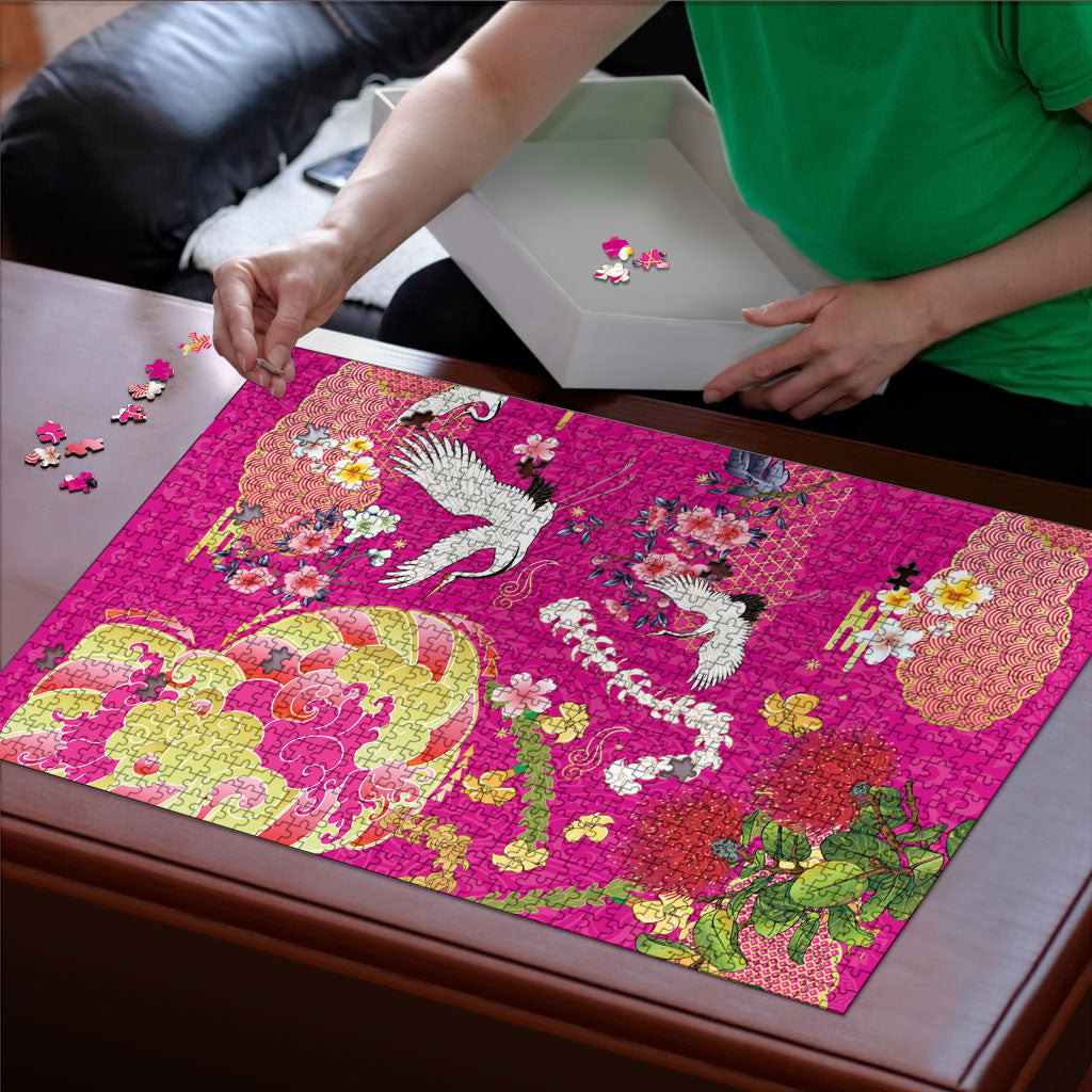 Hawaiian and Japanese Culture Together Puzzle Kakau Tribal Pattern and Irezumi Art Pink Color LT03 - Polynesian Pride
