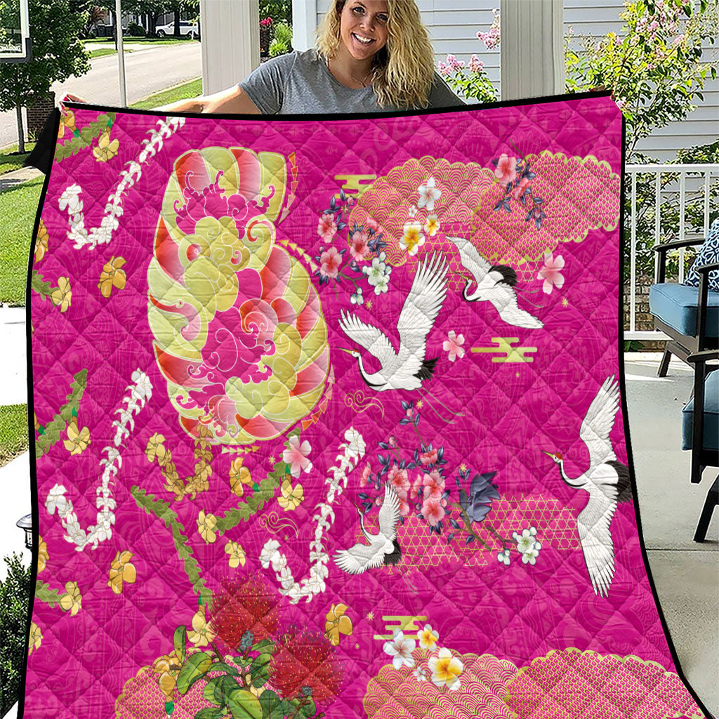 Hawaiian and Japanese Culture Together Quilt Kakau Tribal Pattern and Irezumi Art Pink Color LT03 Pink - Polynesian Pride