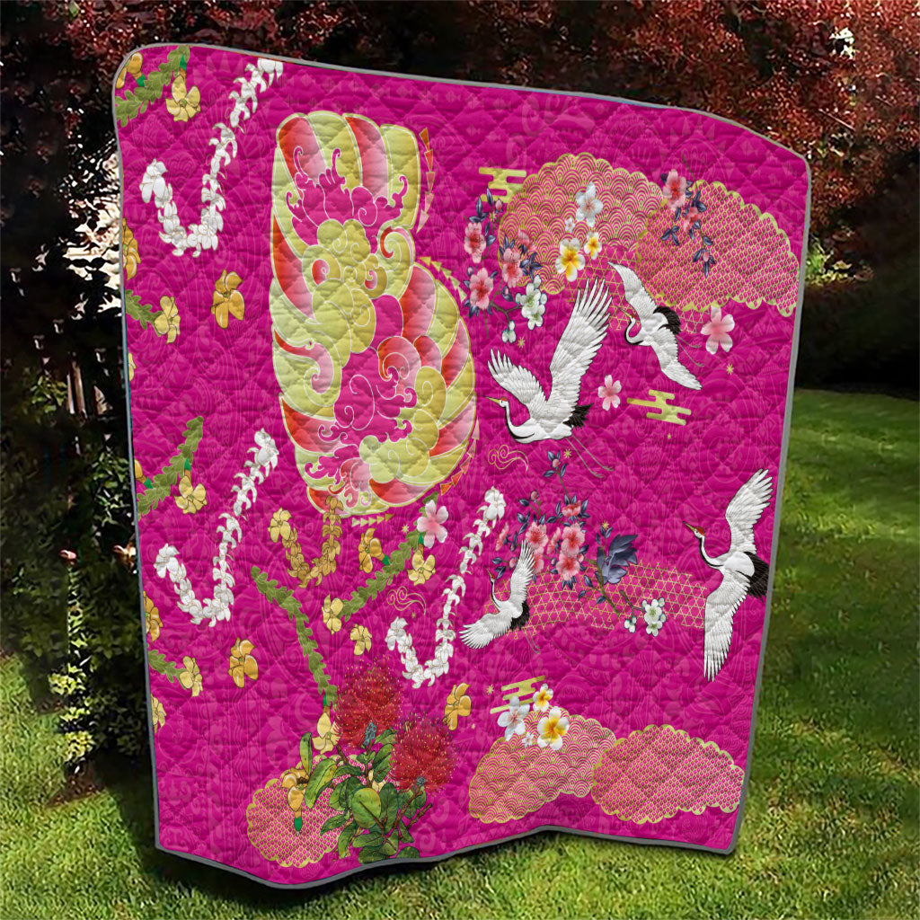 Hawaiian and Japanese Culture Together Quilt Kakau Tribal Pattern and Irezumi Art Pink Color LT03 - Polynesian Pride