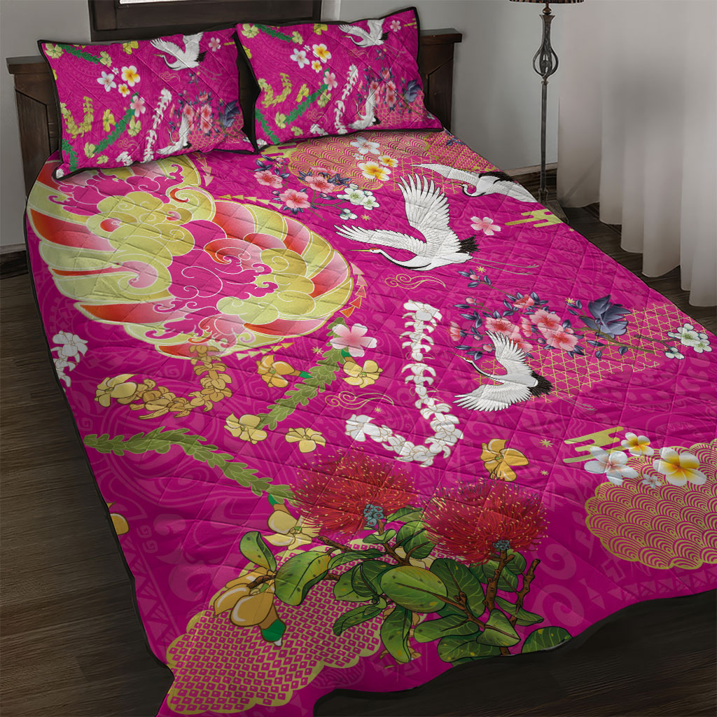 Hawaiian and Japanese Culture Together Quilt Bed Set Kakau Tribal Pattern and Irezumi Art Pink Color LT03 Pink - Polynesian Pride