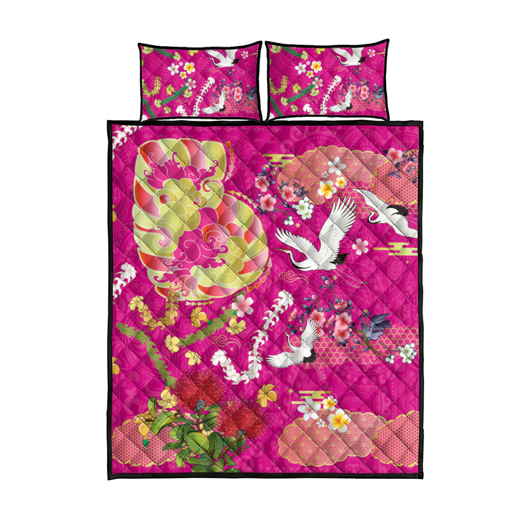 Hawaiian and Japanese Culture Together Quilt Bed Set Kakau Tribal Pattern and Irezumi Art Pink Color LT03 - Polynesian Pride