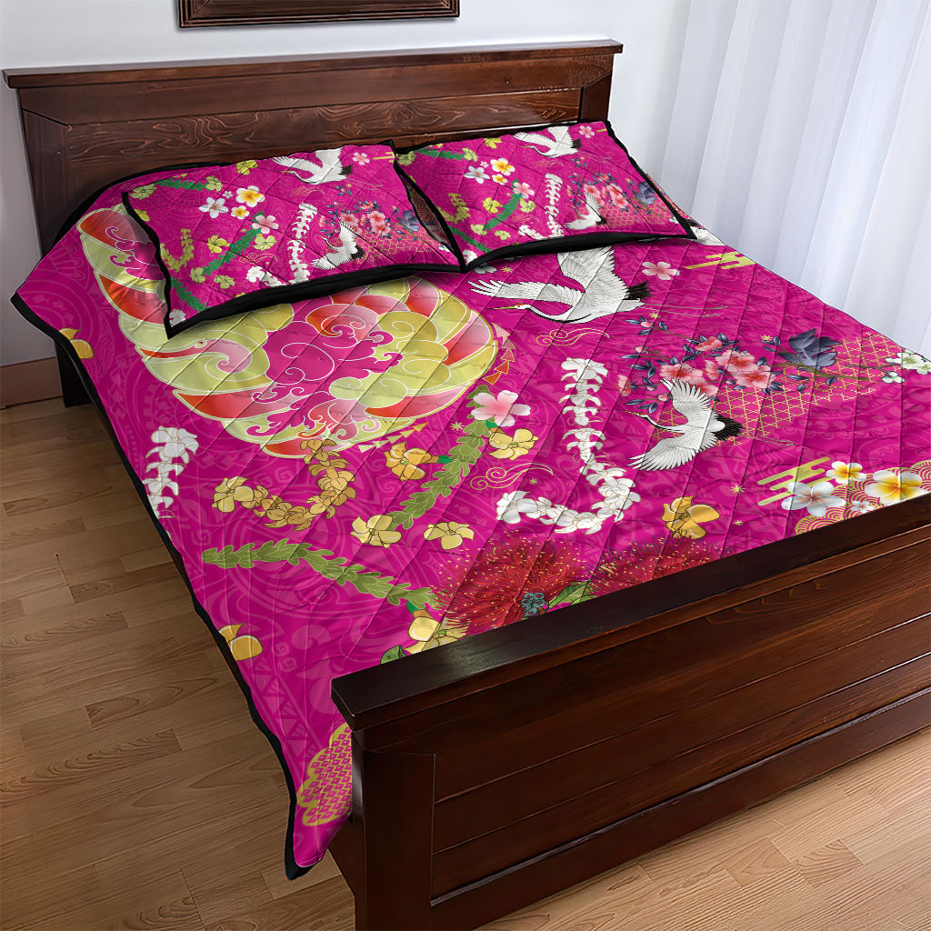Hawaiian and Japanese Culture Together Quilt Bed Set Kakau Tribal Pattern and Irezumi Art Pink Color LT03 - Polynesian Pride