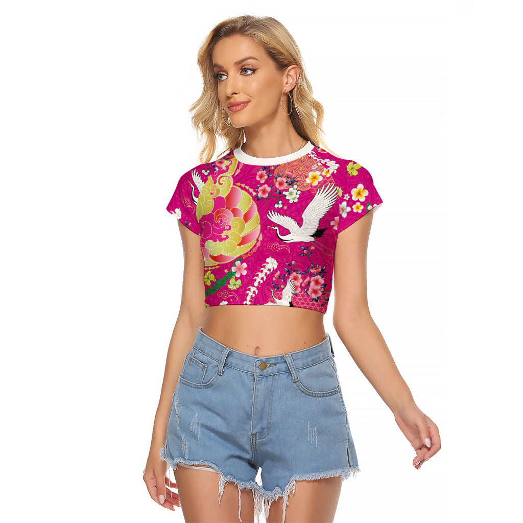 Hawaiian and Japanese Culture Together Raglan Cropped T Shirt Kakau Tribal Pattern and Irezumi Art Pink Color LT03 Female Pink - Polynesian Pride