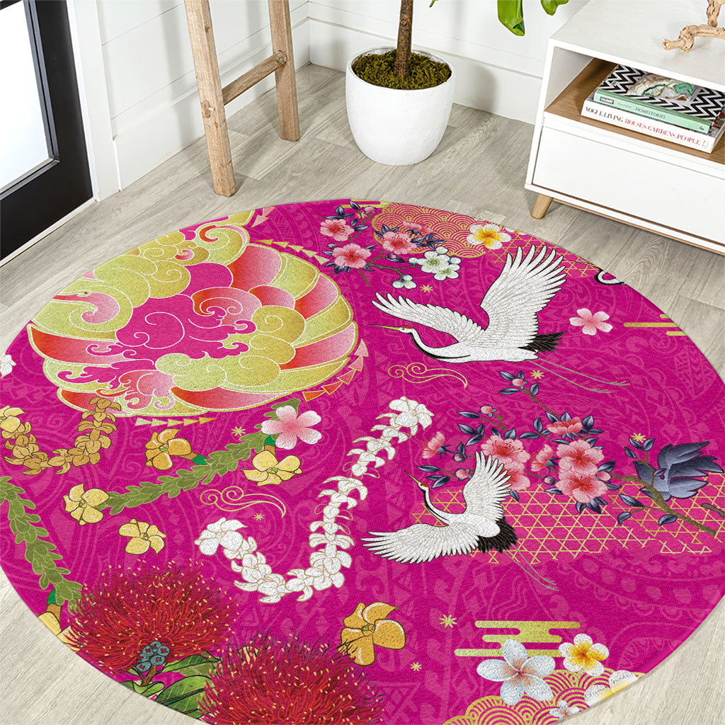 Hawaiian and Japanese Culture Together Round Carpet Kakau Tribal Pattern and Irezumi Art Pink Color LT03 Pink - Polynesian Pride
