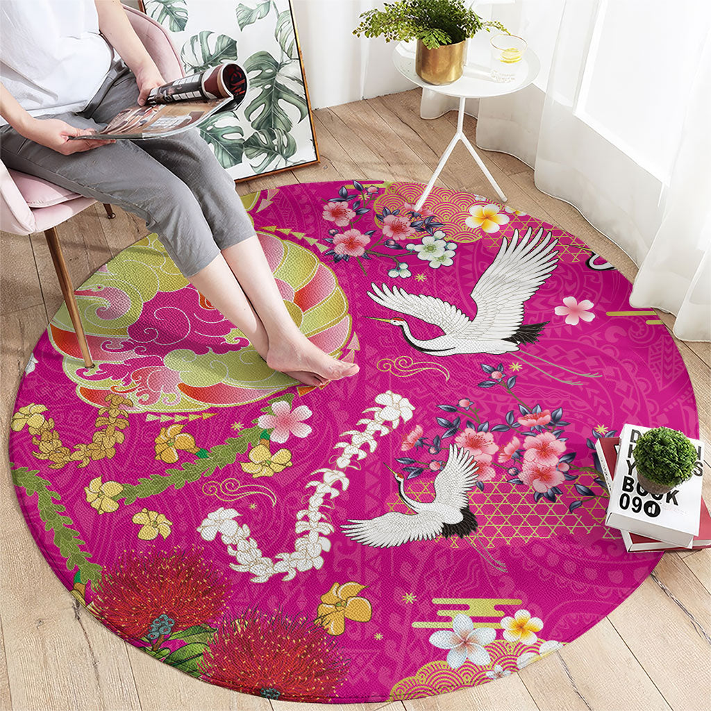 Hawaiian and Japanese Culture Together Round Carpet Kakau Tribal Pattern and Irezumi Art Pink Color LT03 - Polynesian Pride