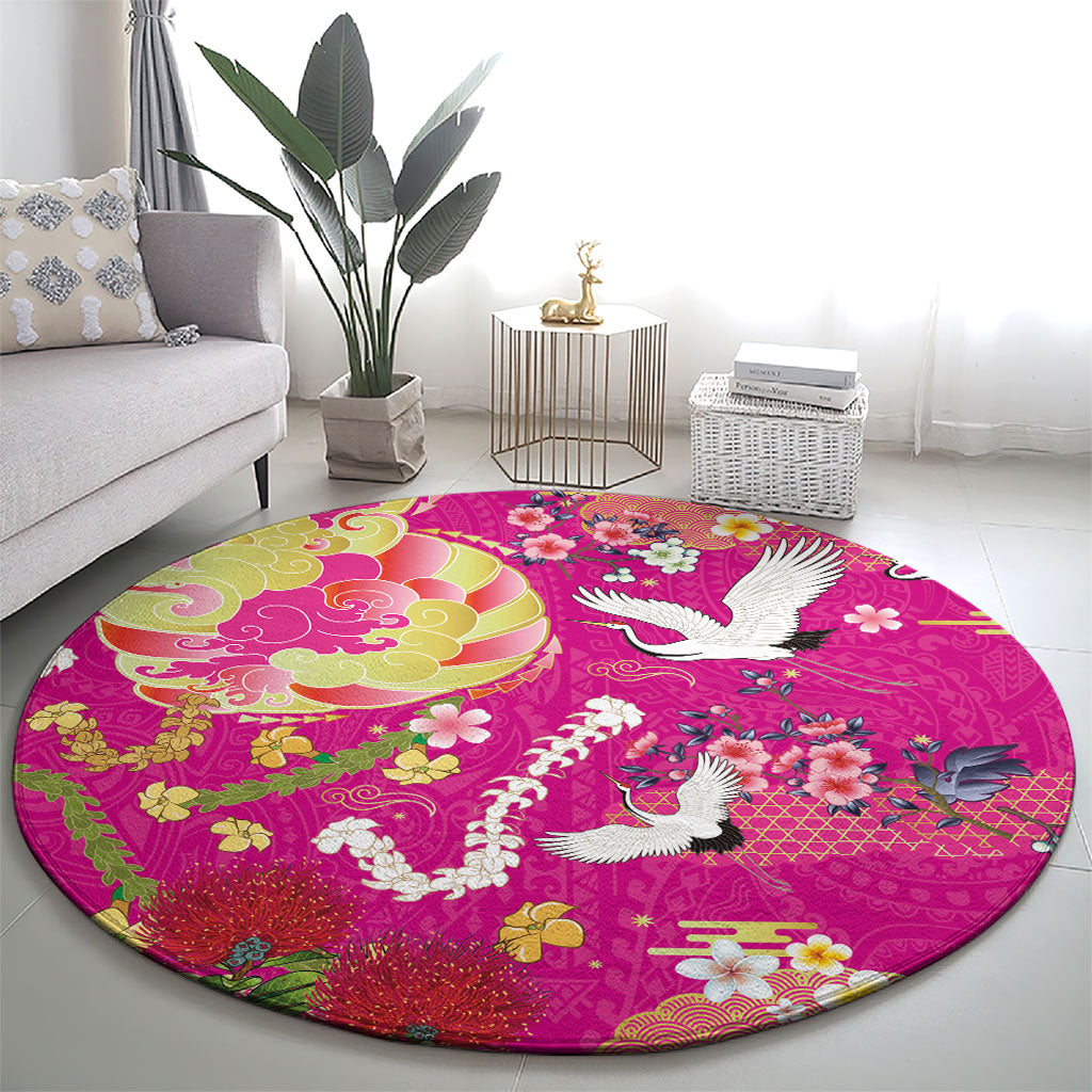 Hawaiian and Japanese Culture Together Round Carpet Kakau Tribal Pattern and Irezumi Art Pink Color LT03 - Polynesian Pride