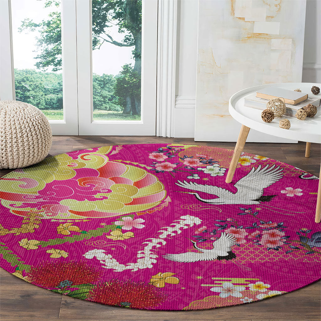 Hawaiian and Japanese Culture Together Round Carpet Kakau Tribal Pattern and Irezumi Art Pink Color LT03 - Polynesian Pride