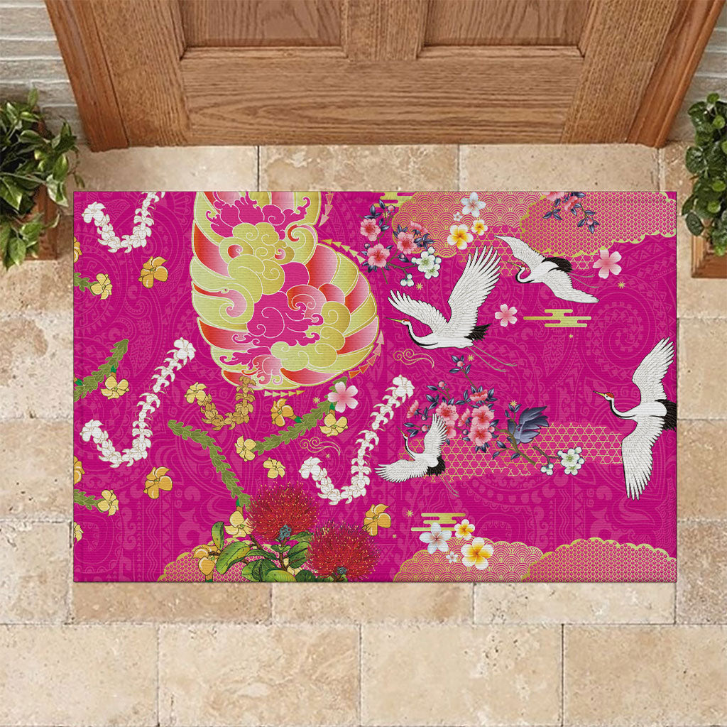 Hawaiian and Japanese Culture Together Rubber Doormat Kakau Tribal Pattern and Irezumi Art Pink Color LT03 Pink - Polynesian Pride