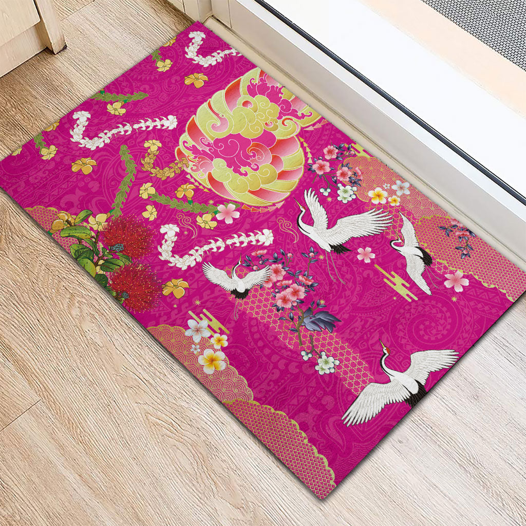 Hawaiian and Japanese Culture Together Rubber Doormat Kakau Tribal Pattern and Irezumi Art Pink Color LT03 - Polynesian Pride